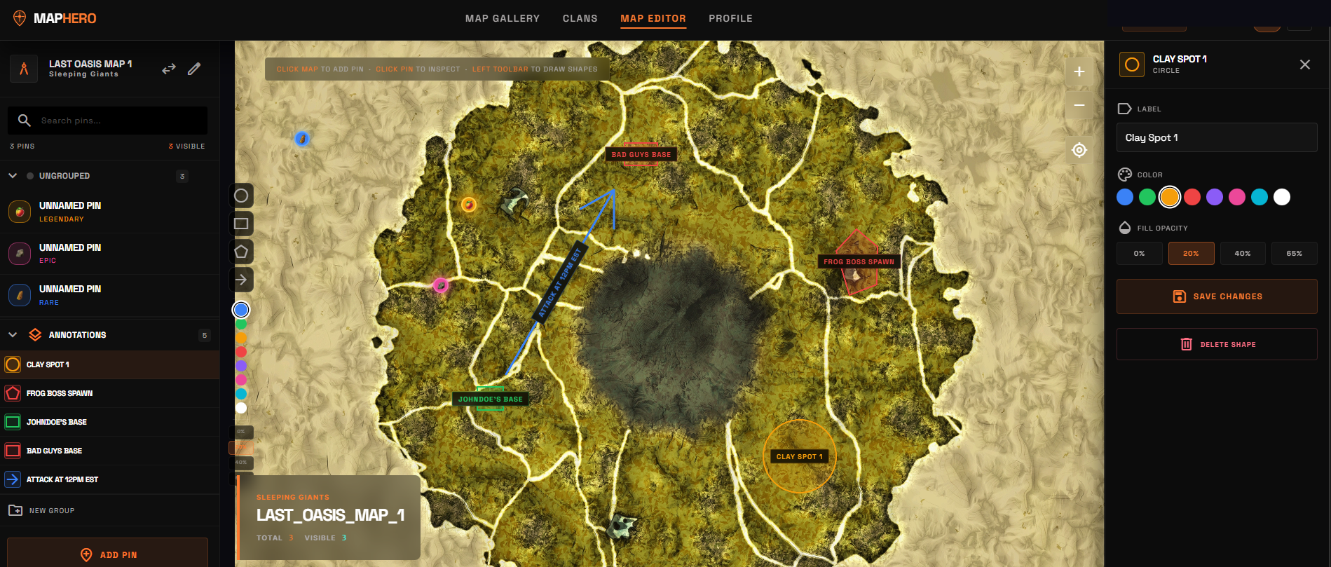 MapHero editor showing a Last Oasis map with pins and annotations